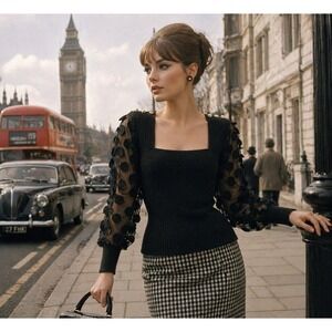 Whimsigoth Flattering Embellished Sweater Sheer Sleeves Pearls Dots Stretch Sz S